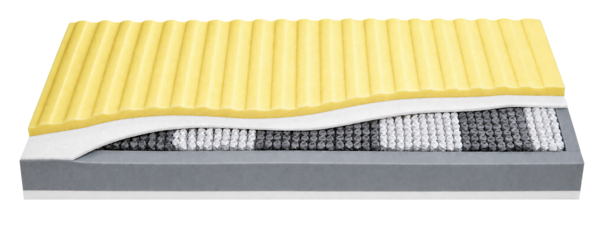 Sezione di N.01 con Memory Foam, Polifoam HR, molle insacchettate e tamponi rigidi